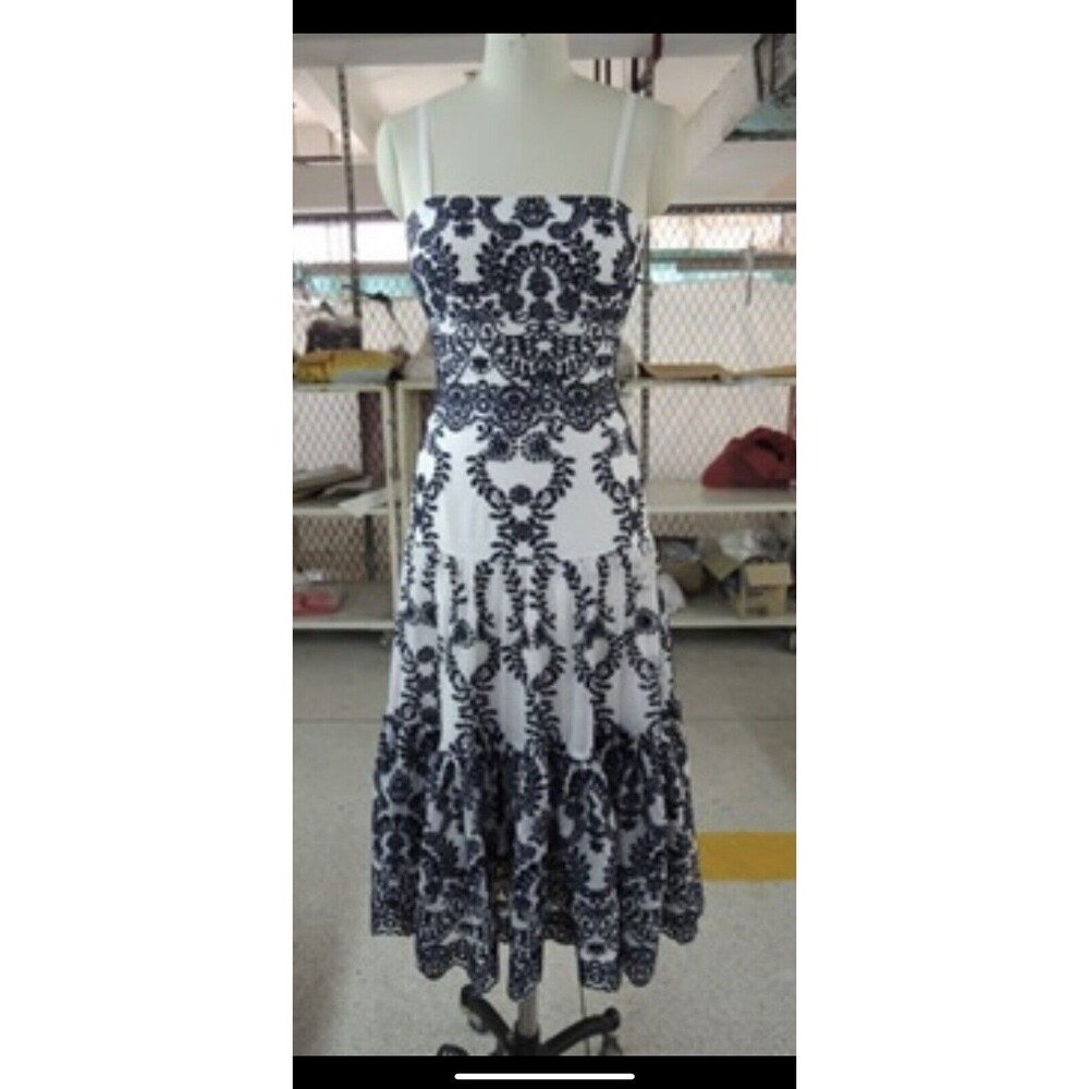 NEW ONE OF A KIND SAMPLE DESIGNER Embroidered Chiffon Navy/White Midi Dress
